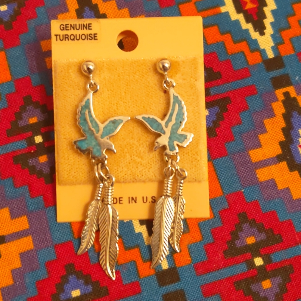 Silver and turquoise bird earrings